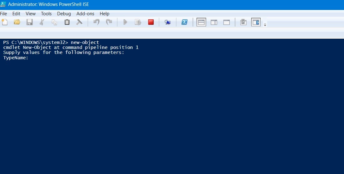 New object output in Windows PowerShell ISE mode. 