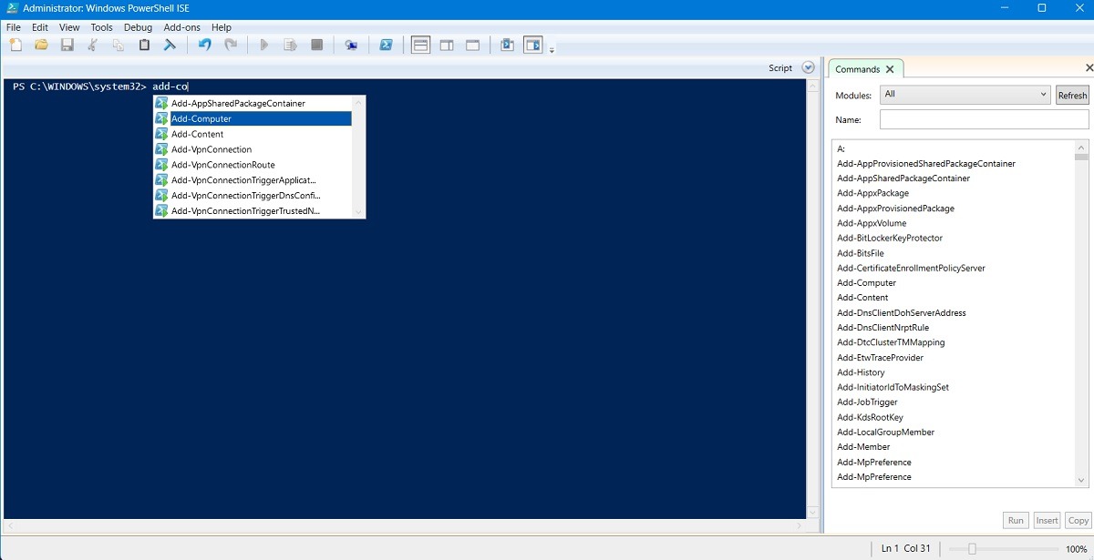 Cmdlet example in PowerShell ISE window. Get-Commands cmdlet used.