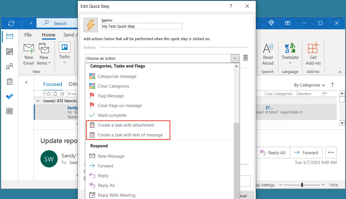 Quick Step Task action options