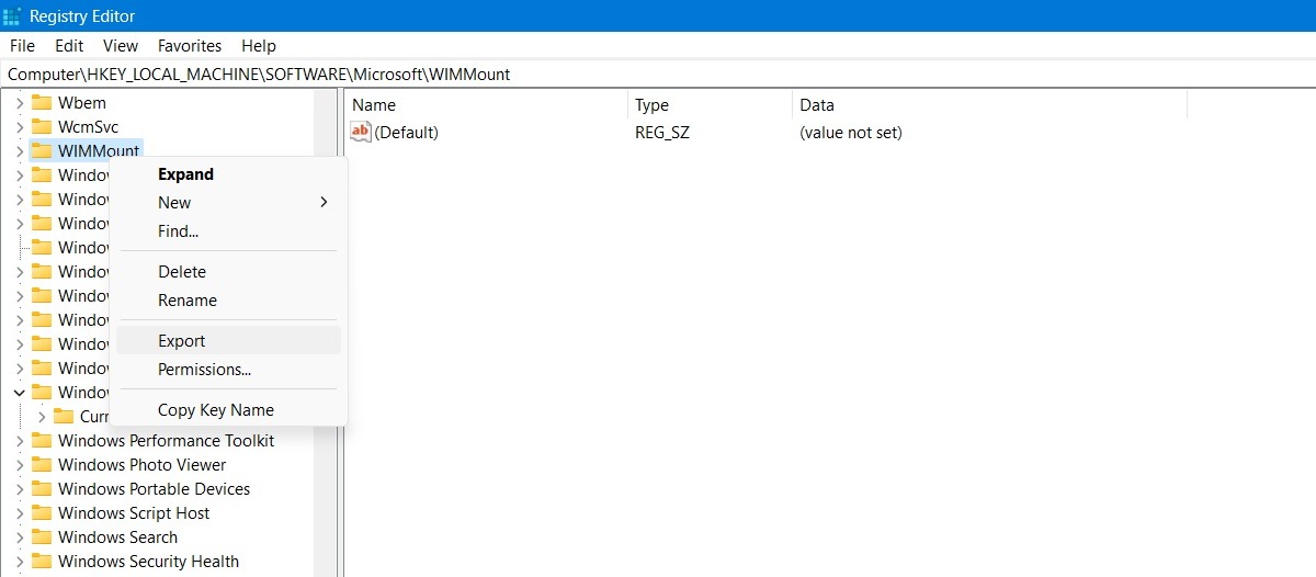 Export a registry key from a right-click.