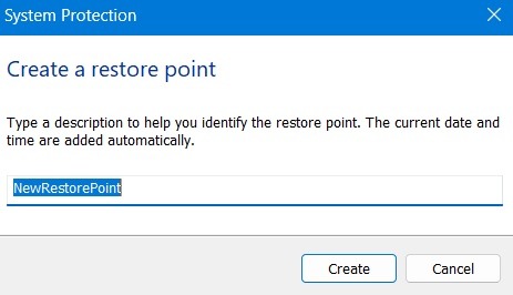 Giving a name to the restore point being created.