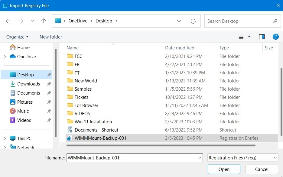 Import a registry key from a saved location on your computer.