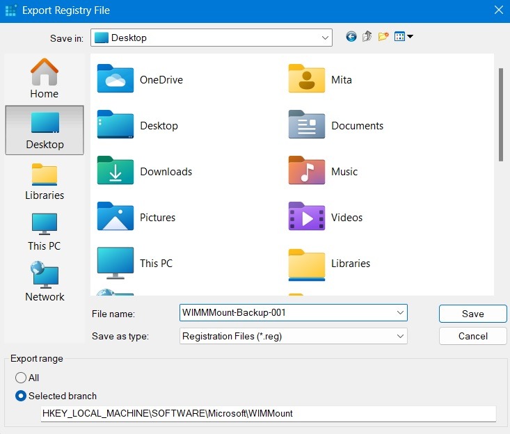 Export registry file in Desktop folder by saving under .reg type with file name.