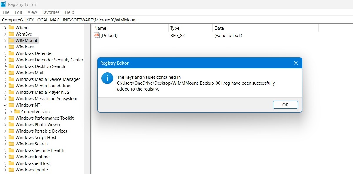 Saved registry key and values successfully readded to Registry Editor.