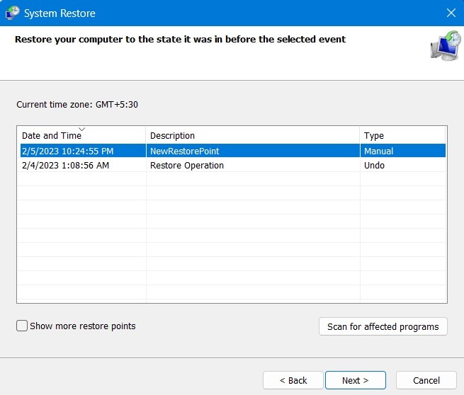 System restoring back to manually saved restore point with date and time.