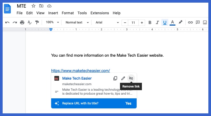 Remove Link icon in Google Docs
