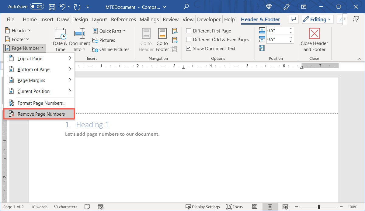 Remove Page Numbers in the Page Number menu