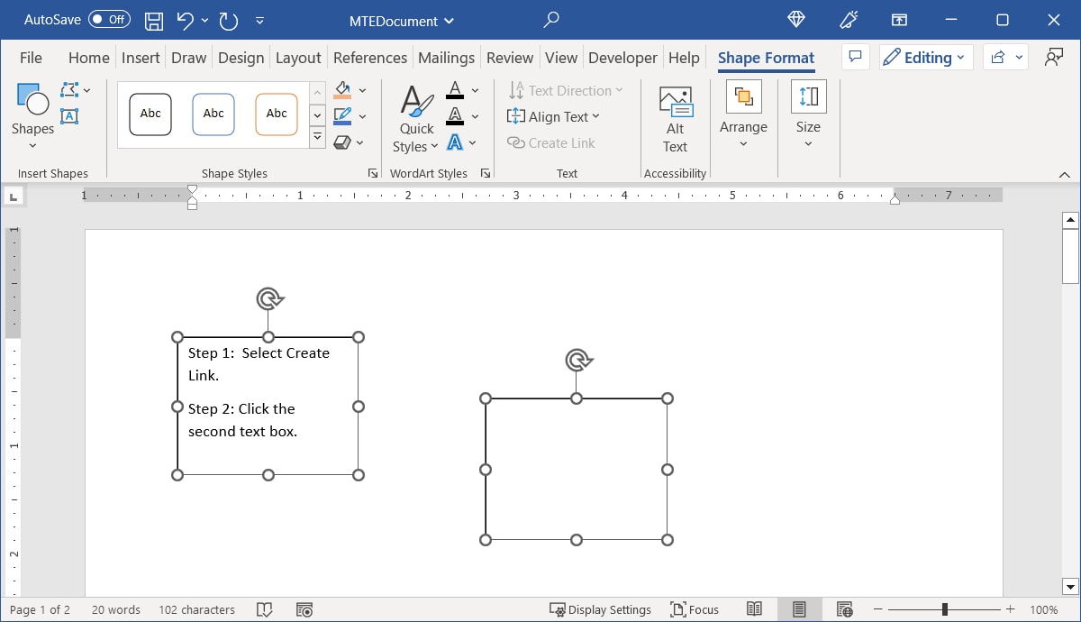 Resized linked text boxes in Word