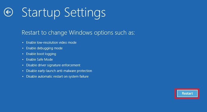 Restart button under "Startup Settings,"