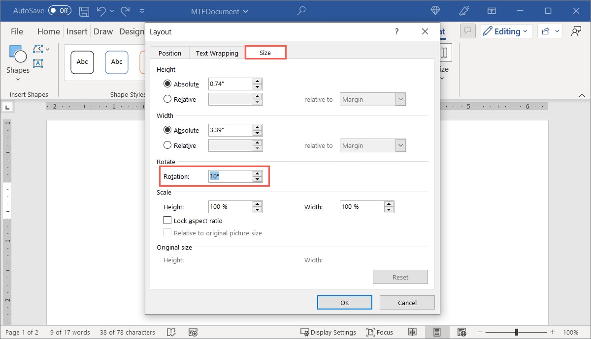 Rotate option in the Layout box