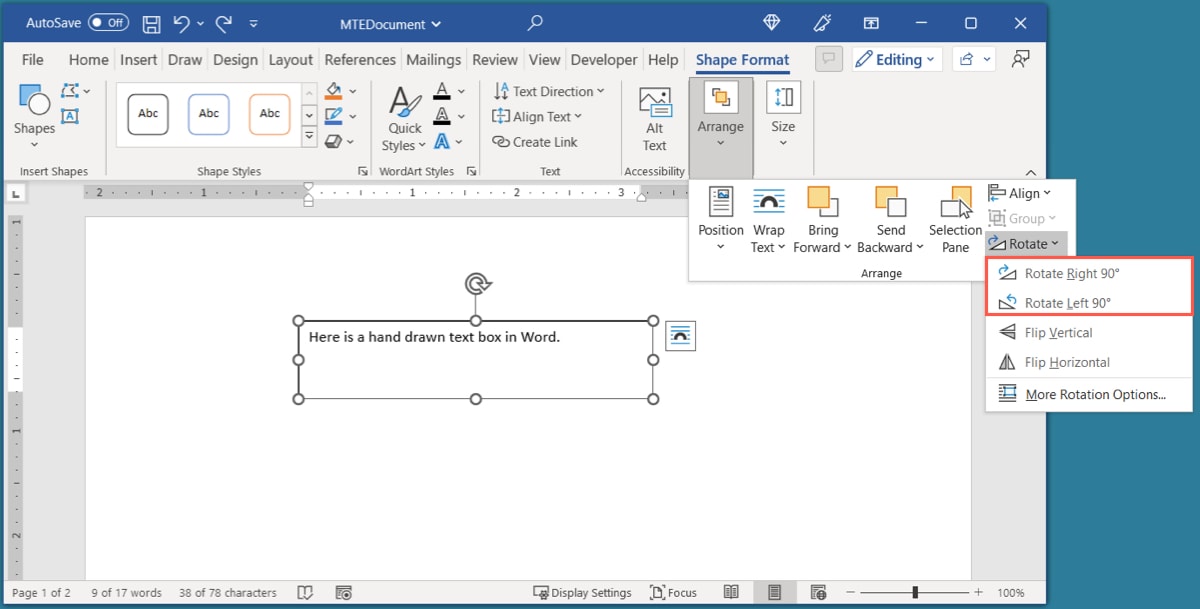 Rotate options on the Shape Format tab