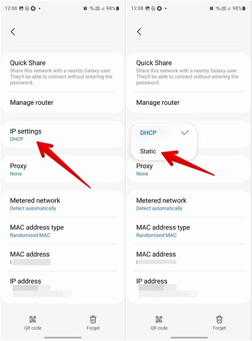 Changing "IP settings" status on  Samsung Galaxy phones.
