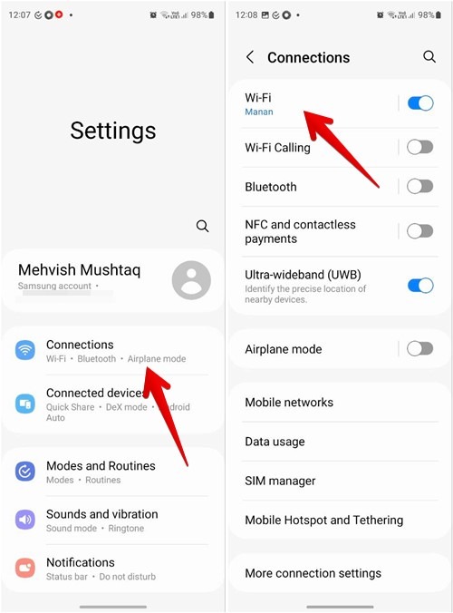 Accessing "Connections" in Settings on Samsung Galaxy phone.