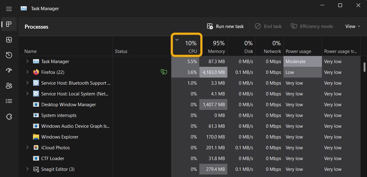 Clicking "CPU" option that shows power-hungry apps. 