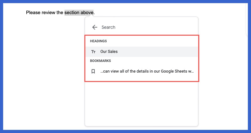 Headings and Bookmarks sections in the link box