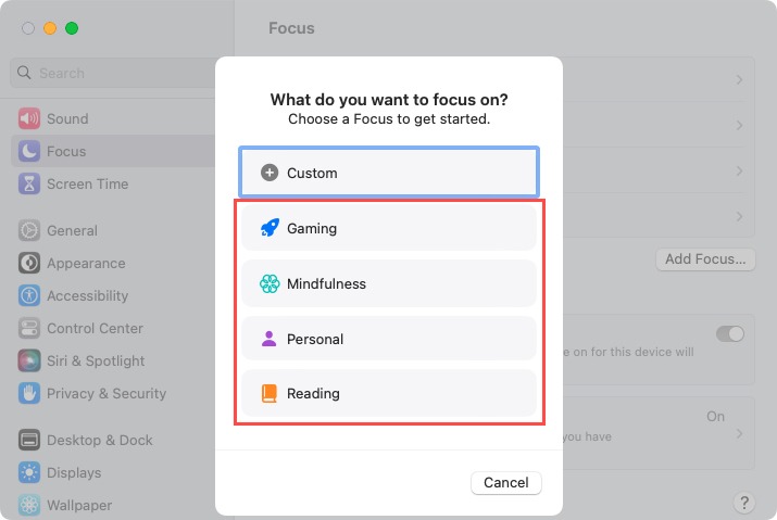 Premade Focus modes on Mac