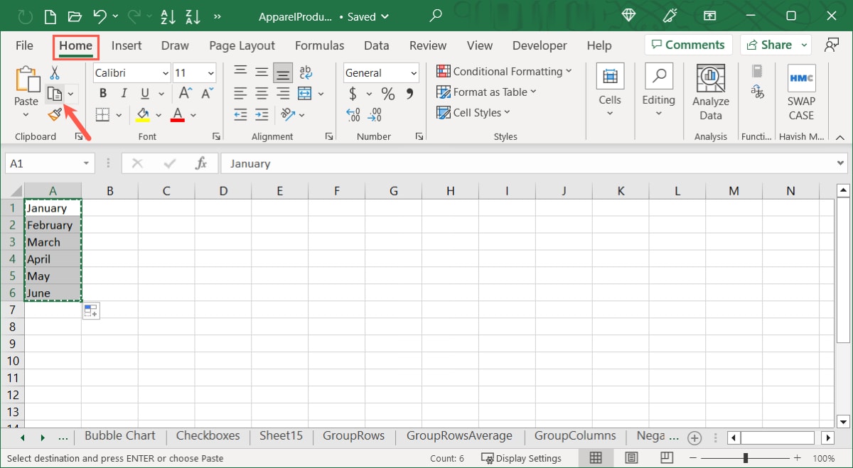 Copy button on the Home tab