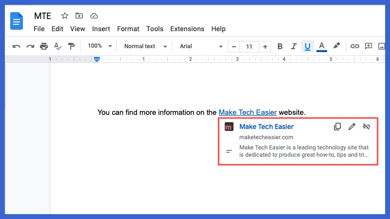 Selected text linked in Google Docs