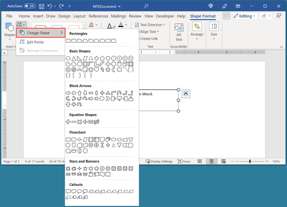 Change Shape on the Shape Format tab