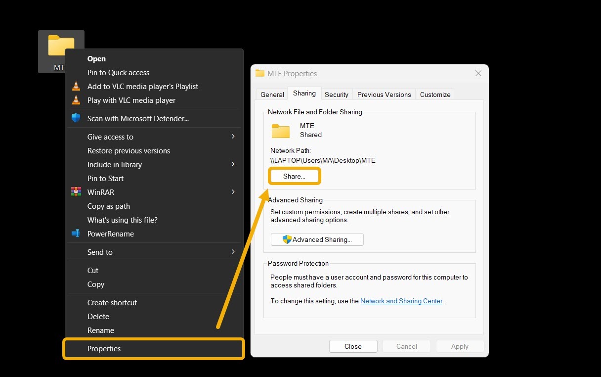 Going to properties of sharing folder in Windows.