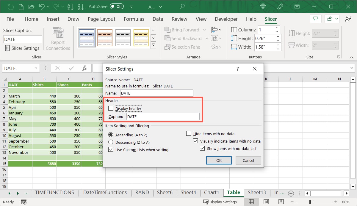 Slicer Settings Display Header and Caption fields