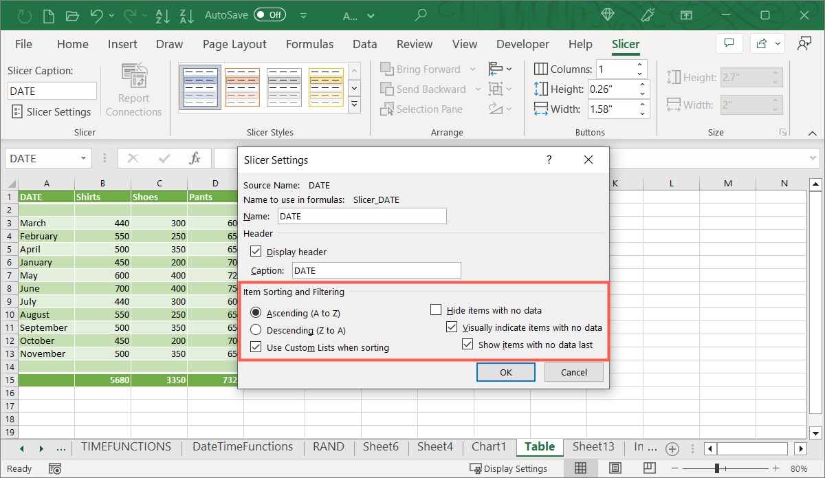 Slicer Settings Sort and Filter options