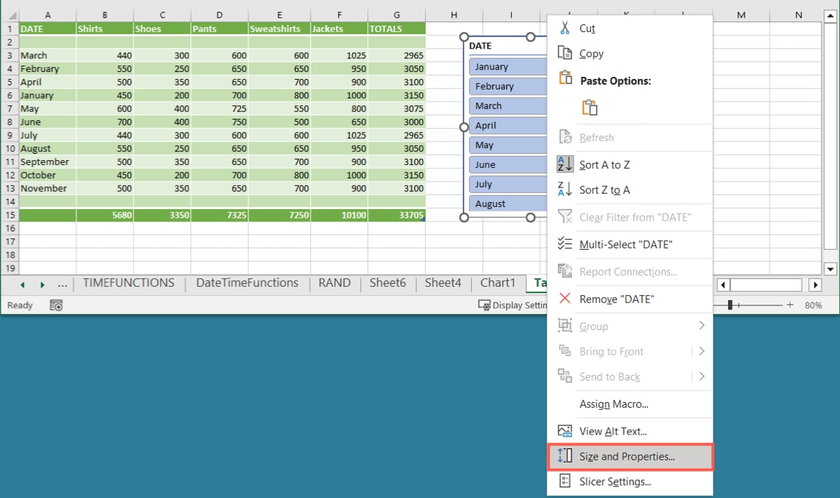 Size and Properties in the Slicer shortcut menu