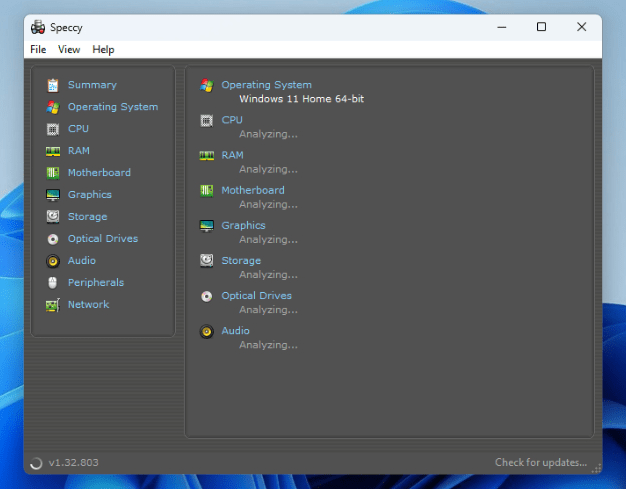 Speccy interface overview in Windows. 