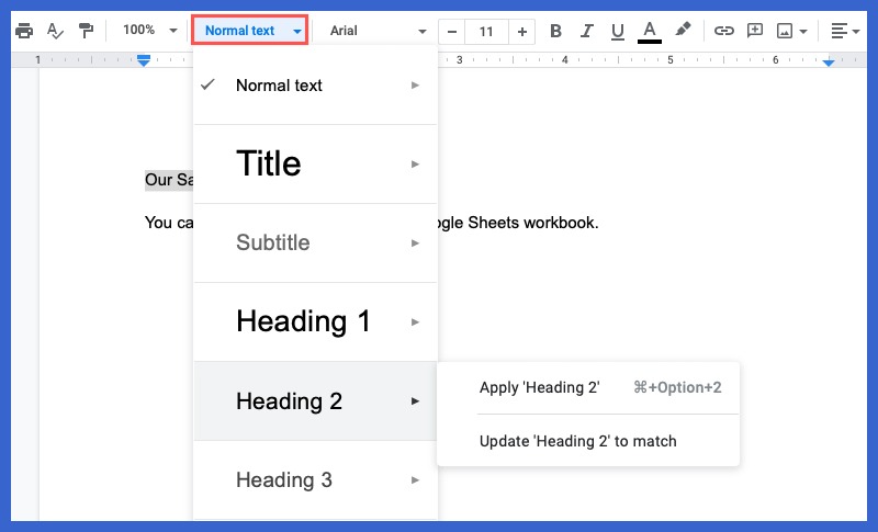 Headings in the Styles drop-down box