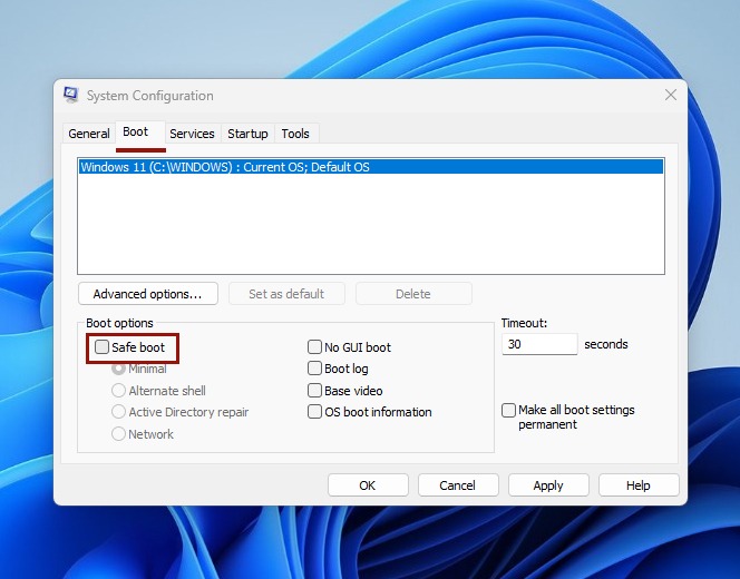 Enabling "Safe boot" in System Configuration in Windows.