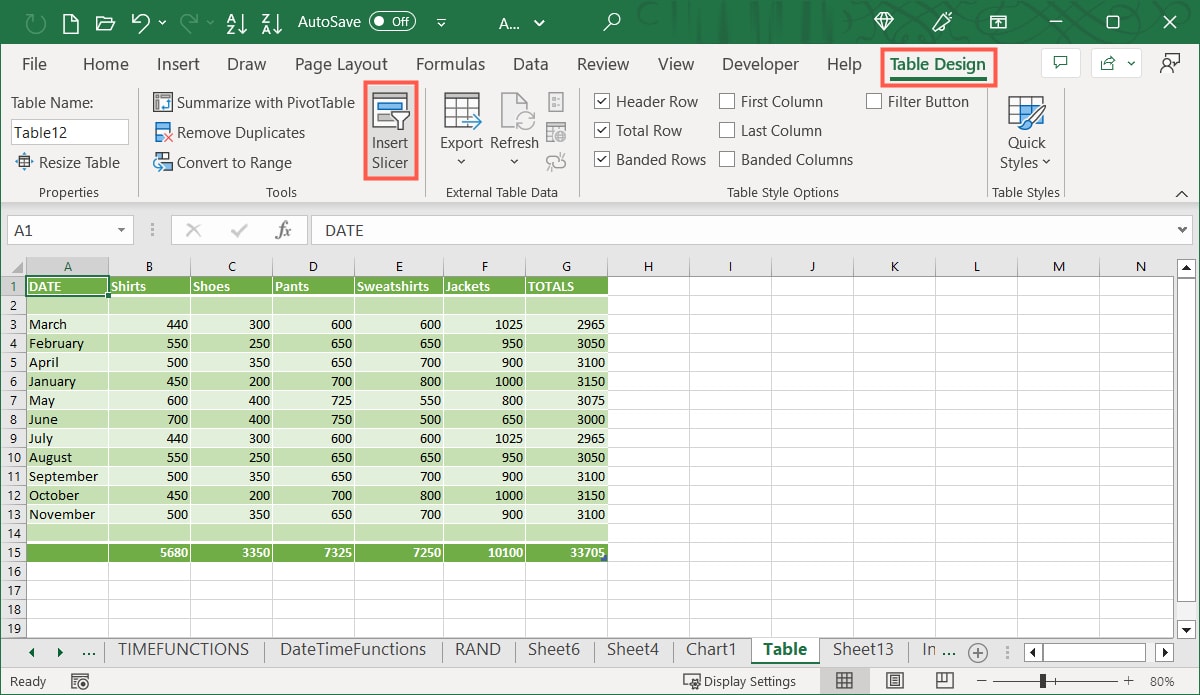 Insert Slicer on the Table Design tab