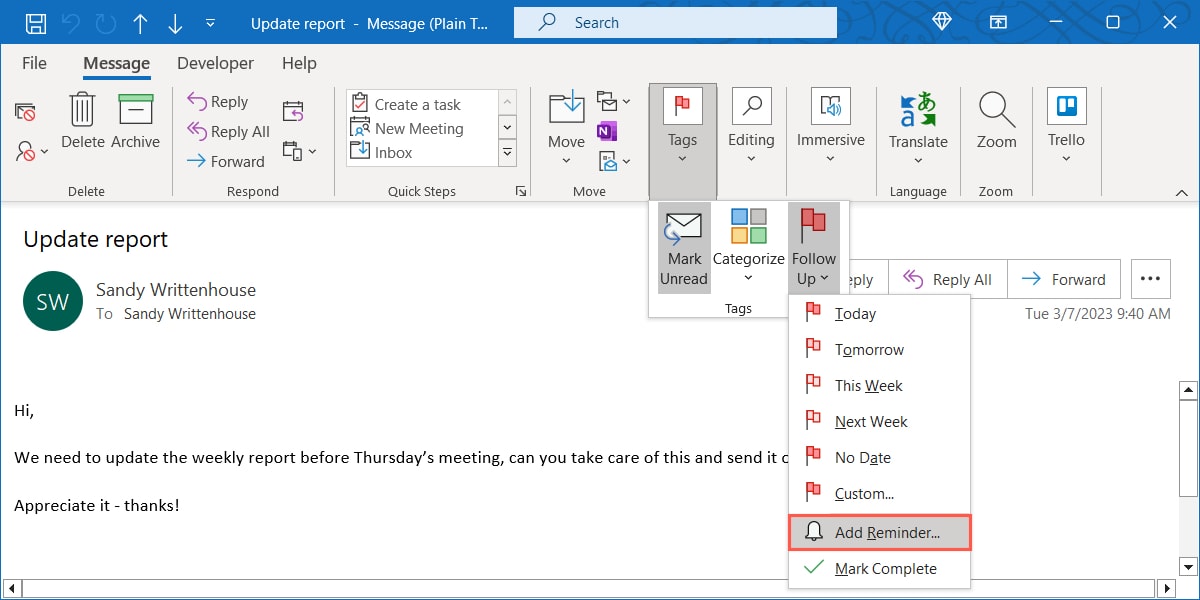 Add Reminder in the Outlook Follow Up menu
