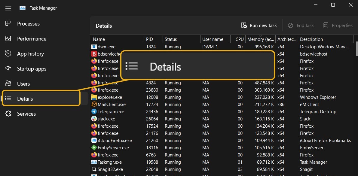 Selecting the "Details" tab in Task Manager.