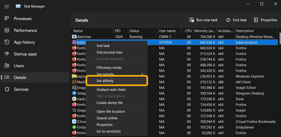 "Setting Affinity" for an app via Task Manager.