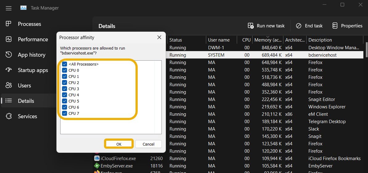 "Process affinity" options available.