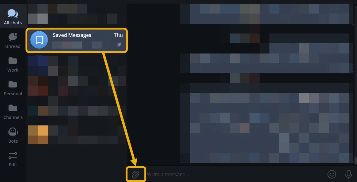 Attachment icon in Saved Messages in Telegram for PC.