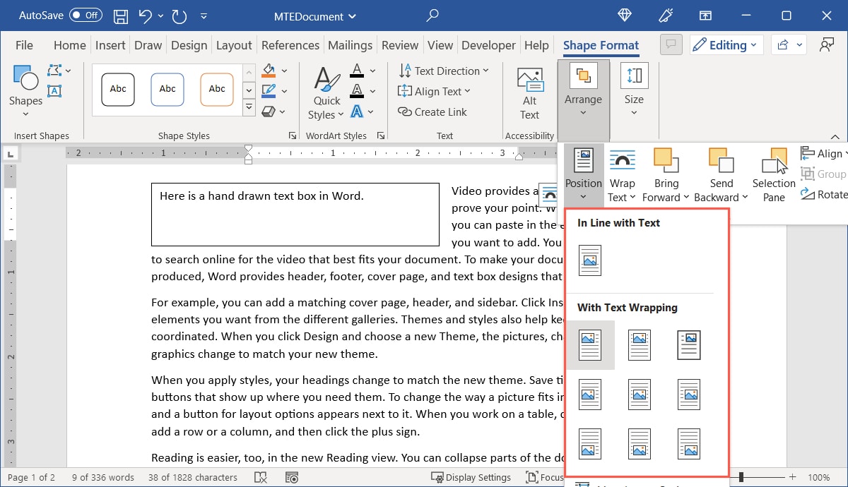 Position menu in Word