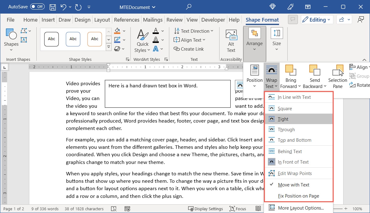 Wrap Text menu in Word