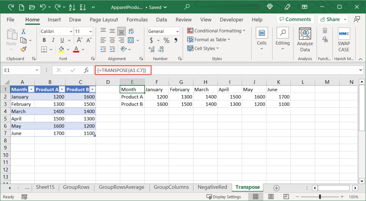 Transpose formula with brackets