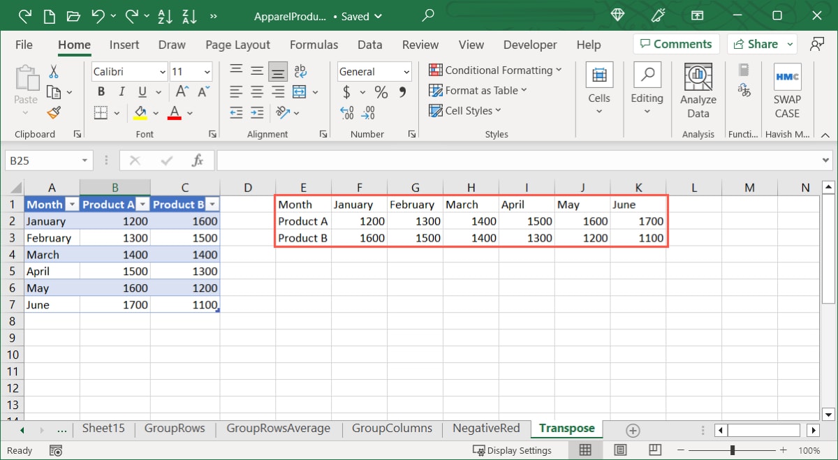 Transposed data from the Transpose function