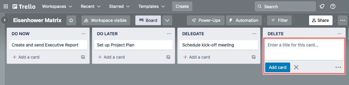 Trello board Add a Card