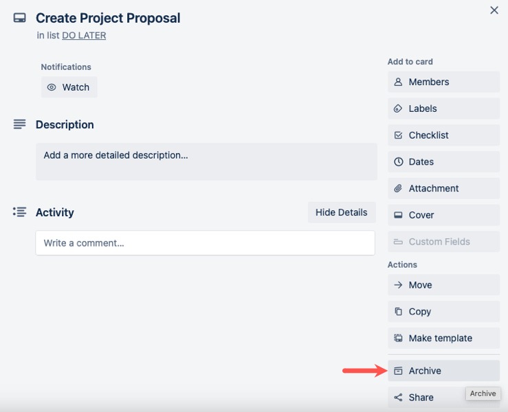 Archive for a card on Trello