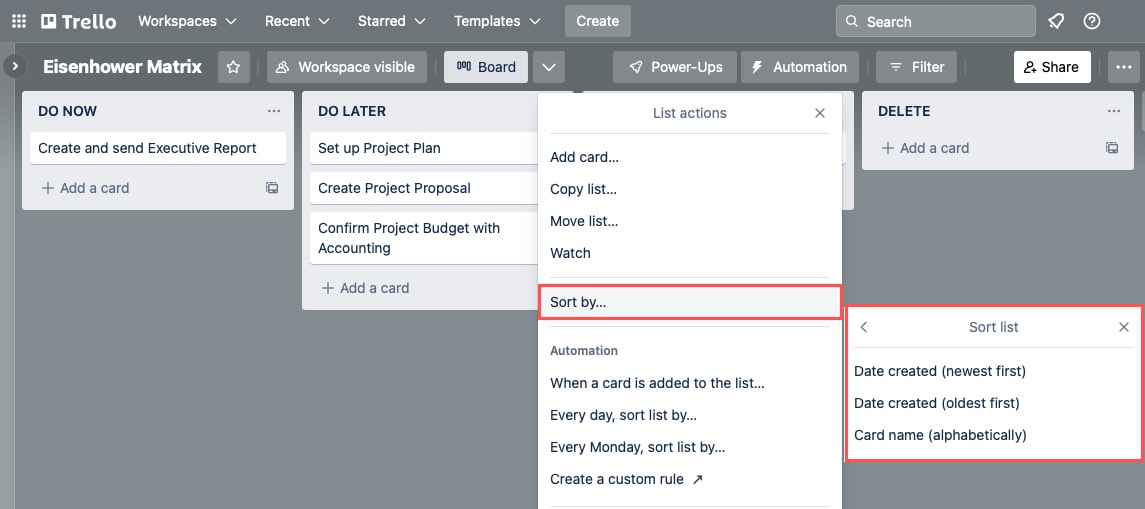 Trello Sort By options