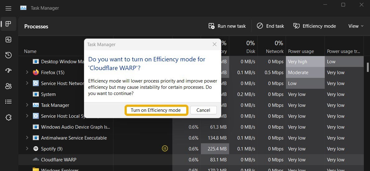 "Turn on Efficiency mode" button. 