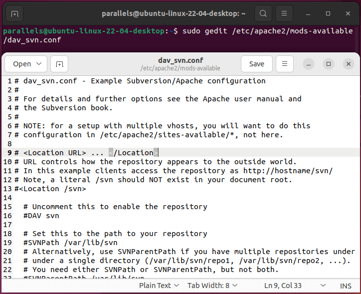 Ubuntu Set Up Subversion Sudo Gedit Etc Apache2 Mods Available Dav Svn