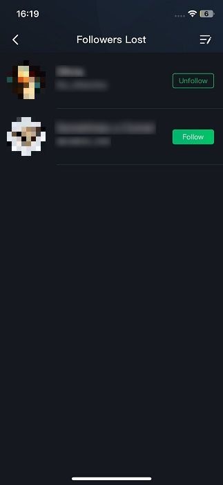 Follower Lost list in Followers - Tracker Insight app for iOS.