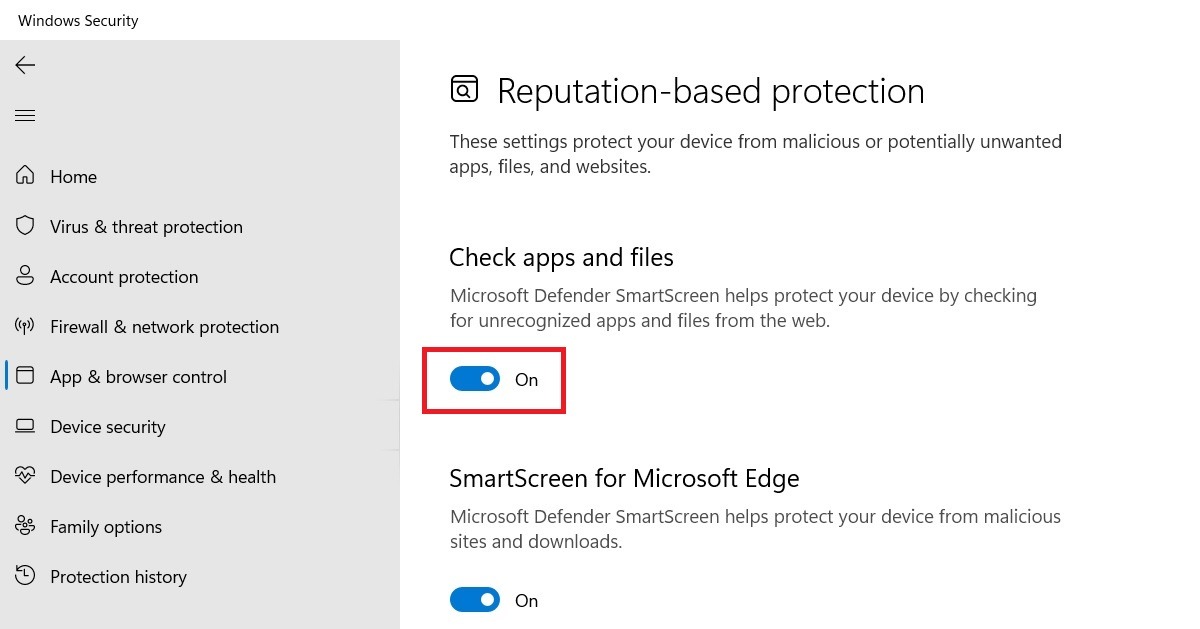 Disabling check apps and files in Reputation-based protection.