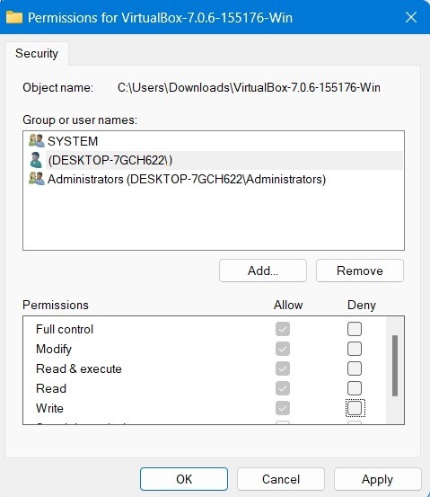 Checkmarks removed in Deny column of a file's security permissions for user account.