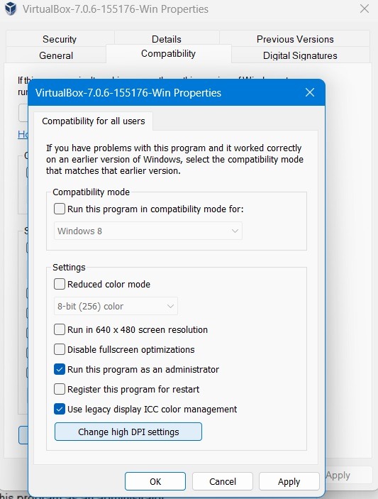 Compatibility Mode settings for program along with administrator and display settings. 