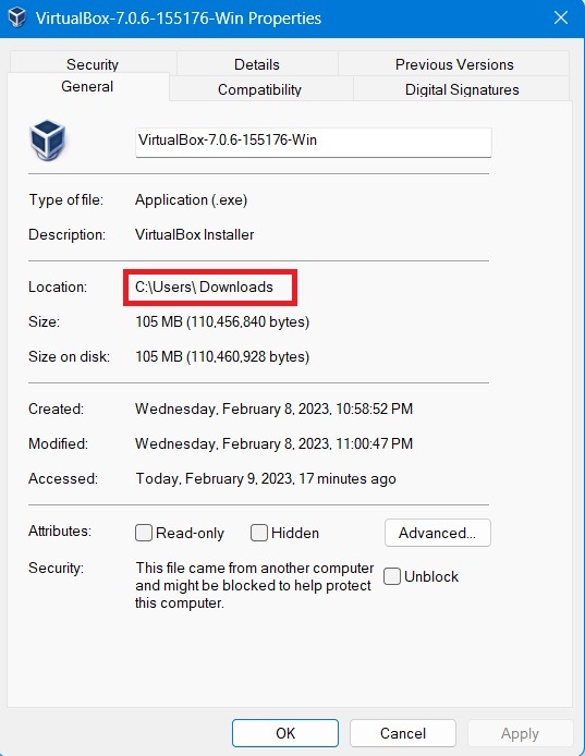 File location detailed in the Properties window of the file. 